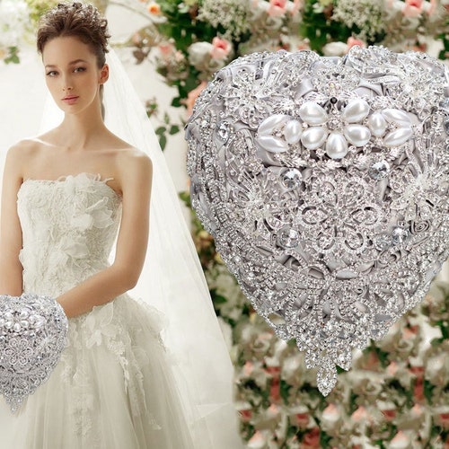 Customized Heart shops Shape Silver Grey wedding bouquet, Princess Elegant Style, Jeweled Bouquet, Rhinestones Bridal Wedding Accessories Bouquet
