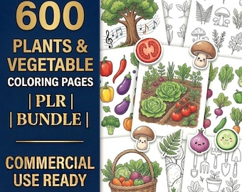 May include: A collection of 600 plant and vegetable coloring pages. The image features illustrations of various vegetables, a tree, and musical notes. The text reads "PLANTS & VEGETABLE COLORING PAGES | PLR | BUNDLE | COMMERCIAL USE READY."