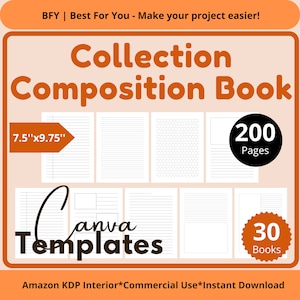 30 Printable Composition Notebook Templates | KDP Interior Bundle 7.5x9.75, 200 Pages | Canva Editable | Commercial Use | Instant Download