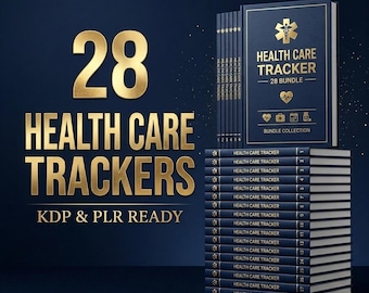 May include: A collection of 28 dark blue books titled Health Care Tracker with gold lettering and medical icons. The text reads 28 Health Care Trackers KDP & PLR Ready, with individual books numbered 1 through 28 on their spines and covers.