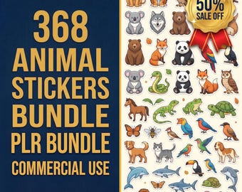 368 Animal Stickers Bundle PNG, PLR Commercial Use, Bulk Digital Stickers, Amazon KDP Ready Interiors, Resell Rights Download