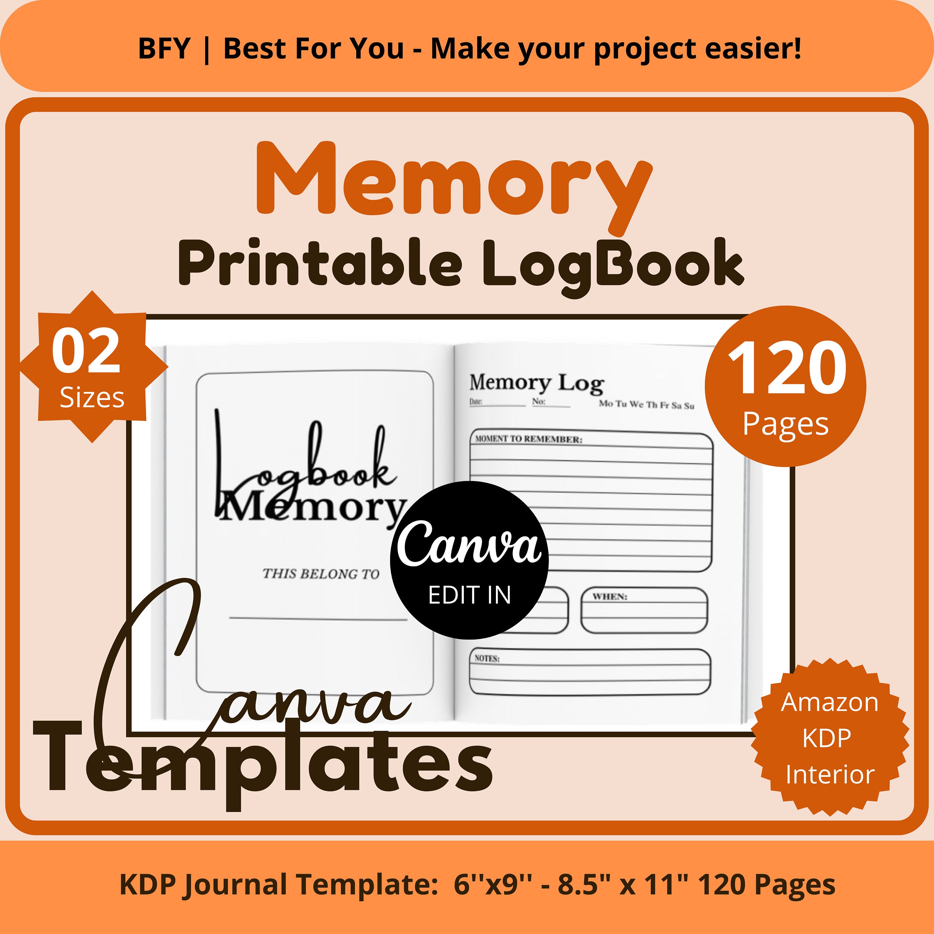 2 Memory Log Book Printable Amazon KDP Interior Template 6''x9''8.5x11 ...