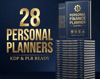 May include: A collection of 28 dark blue personal finance planners with gold lettering and icons. The stack features the text Personal Finance Planner 28 Bundle, KDP & PLR Ready, and various financial symbols including a gear, dollar sign, and calculator.