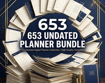 May include: An image of a digital planner bundle with the text "653 Undated Planner Bundle". The image shows stacks of planner pages, a bound journal, and pens. The planner pages have a blue and gold design.