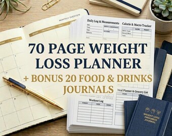 May include: A weight loss planner with a 70-page journal and bonus food and drinks journals. The planner includes sections for daily logs, measurements, and calorie tracking. A gold pen and small notebooks are also visible.