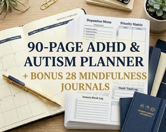 May include: An open planner with the text "90-PAGE ADHD & AUTISM PLANNER + BONUS 28 MINDFULNESS JOURNALS" is displayed. A gold pen, a gold paper clip, and several small blue journals are also visible. A small succulent plant in a white pot is in the background.