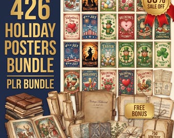 426 Holiday Posters PLR Bundle | Canva Templates Bulk | Printable Digital Sign Graphics PDF | Whole Shop Commercial | + 750 Vintage Papers