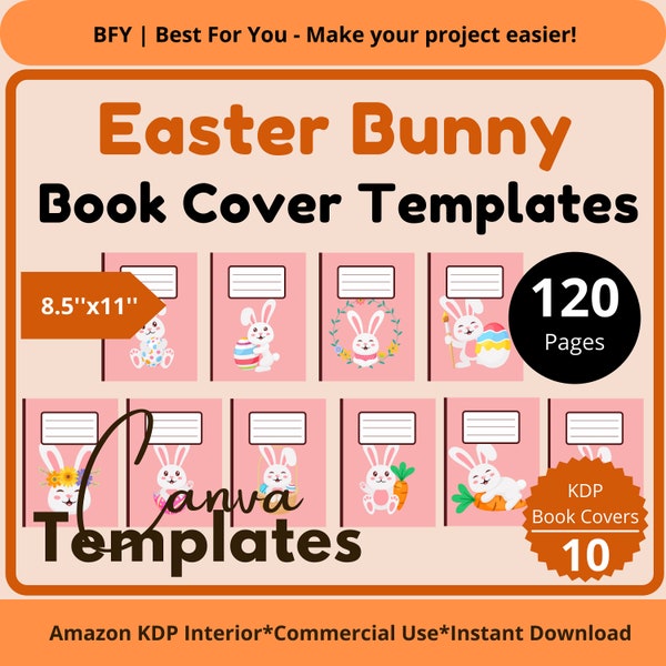 10 Easter Bunny Book Cover Templates | Composition Notebook Covers 8.5″x11″ 120 Pages | Giveaway Interior College Ruled | Editable In Canva