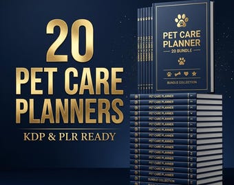 May include: A collection of 20 dark blue pet care planners with gold text and paw print graphics. The stack features the title Pet Care Planner 20 Bundle, Bundle Collection, and KDP & PLR Ready. The books are arranged in a vertical stack and a row.