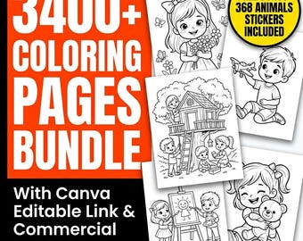 May include: A digital bundle of 3400+ coloring pages featuring black and white line art of children, a treehouse, and animals. The graphic includes text stating 3400+ COLORING PAGES BUNDLE, FREE BONUS: 368 ANIMALS STICKERS INCLUDED, and With Canva Editable Link & Commercial Use PLR.