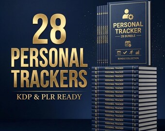 May include: A collection of 28 dark blue books titled Personal Tracker, displayed in a stack and a row. The gold text reads 28 Personal Trackers KDP & PLR Ready, with icons of a person, gear, calendar, checkmark, runner, and bar chart on the covers.