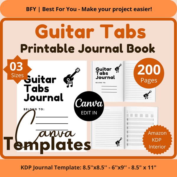 3 Printable Guitar Tabs Journal | KDP Journal Notebooks Bundle 8.5''x8.5''- 6''x9''- 8.5″x11″ 200 Pages | Commercial Use | Editable In Canva