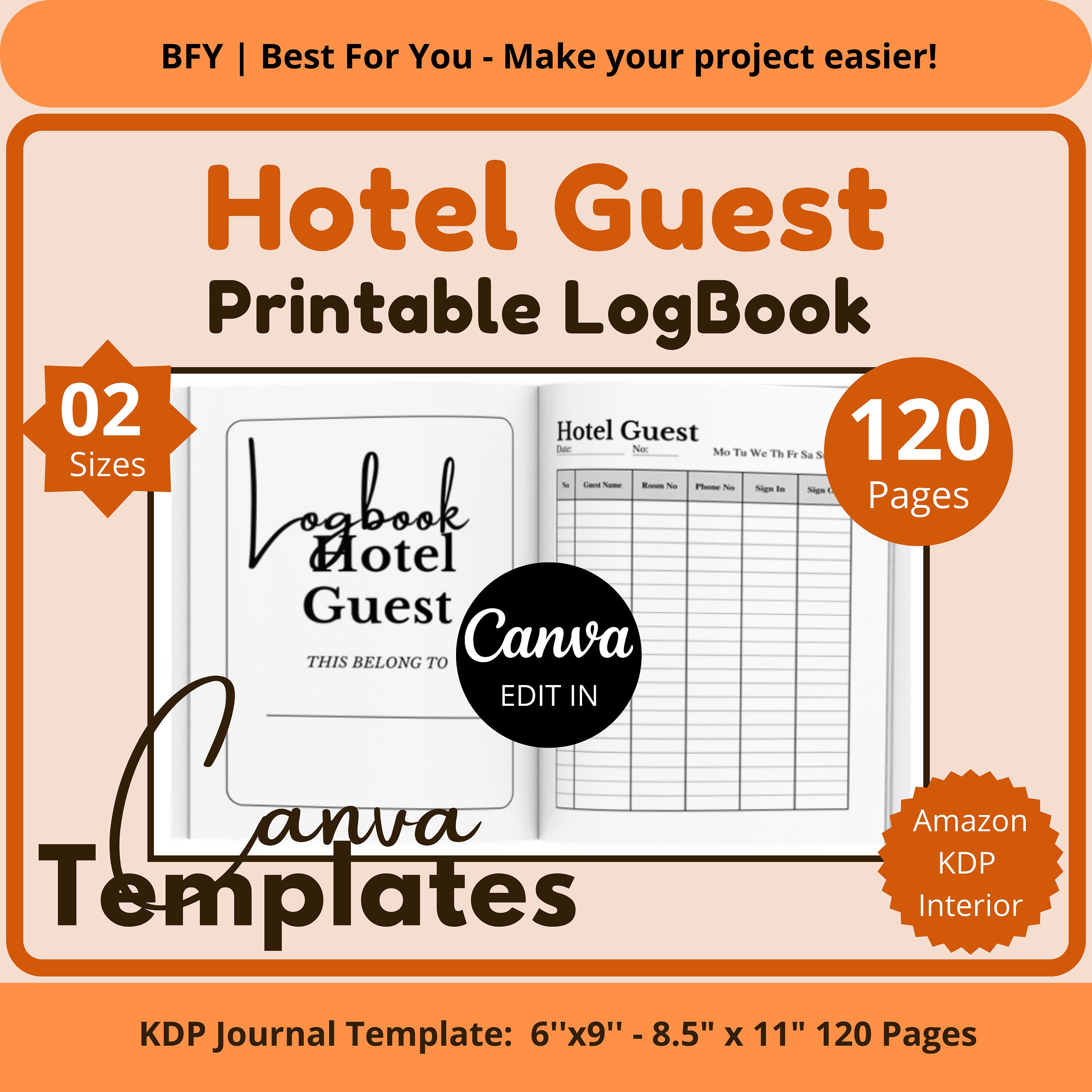 2 Hotel Guest Logbook Amazon KDP Interior Template Etsy