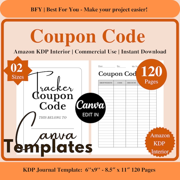 2 Coupon Code Tracker | Amazon KDP Interior Template 6''x9''- 8.5″x11″ 120 Pages | Commercial Use | Edit In Canva | Instant Download