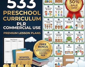 533 Pages Preschool Curriculum PLR Commercial Use, Canva Editable PreK Worksheets Bundle, Amazon KDP Interior bulk +14 Notebooks BONUS