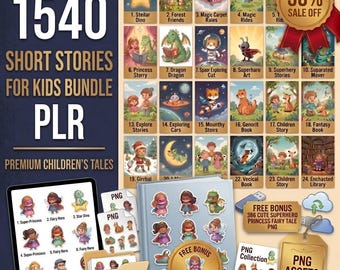 1540+ PLR Short Stories Bundle | Kids Storybook Interiors | Canva Editable KDP Template | Bulk Commercial Use | FREE Bonus 386 Stickers Pack