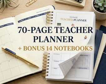 70 Pages Teacher Planner PLR Bundle, Commercial Use Rights, Editable Canva Templates + BONUS 14 KDP Interior Notebooks Bundle
