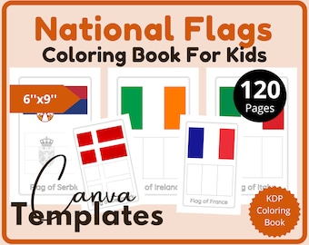 Páginas para colorear de banderas nacionales para niños / Libro para colorear imprimible 6''x9'' 120 páginas / Preescolar, jardín de infantes, educación en casa / Descarga instantánea
