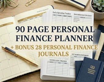 May include: A personal finance planner with the text "90 PAGE PERSONAL FINANCE PLANNER + BONUS 28 PERSONAL FINANCE JOURNALS." The image shows open notebooks, a pen, and small journals. The planner includes sections for budgeting and tracking expenses.