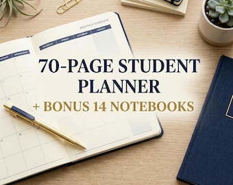 May include: An open student planner with the text "70-PAGE STUDENT PLANNER + BONUS 14 NOTEBOOKS" is displayed on a wooden surface. A gold pen rests on the planner. Other items include a succulent in a white pot, a gold paper clip, and a small notebook.