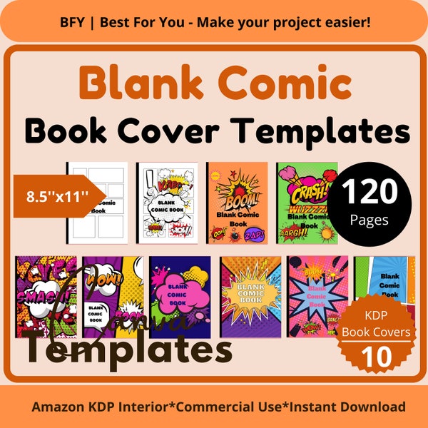 10 Blank Comic Book Cover Collection Printable | KDP Paperback Book Cover Bundle 8.5″ x 11″ 120 Pages | Instant Download | Editable In Canva