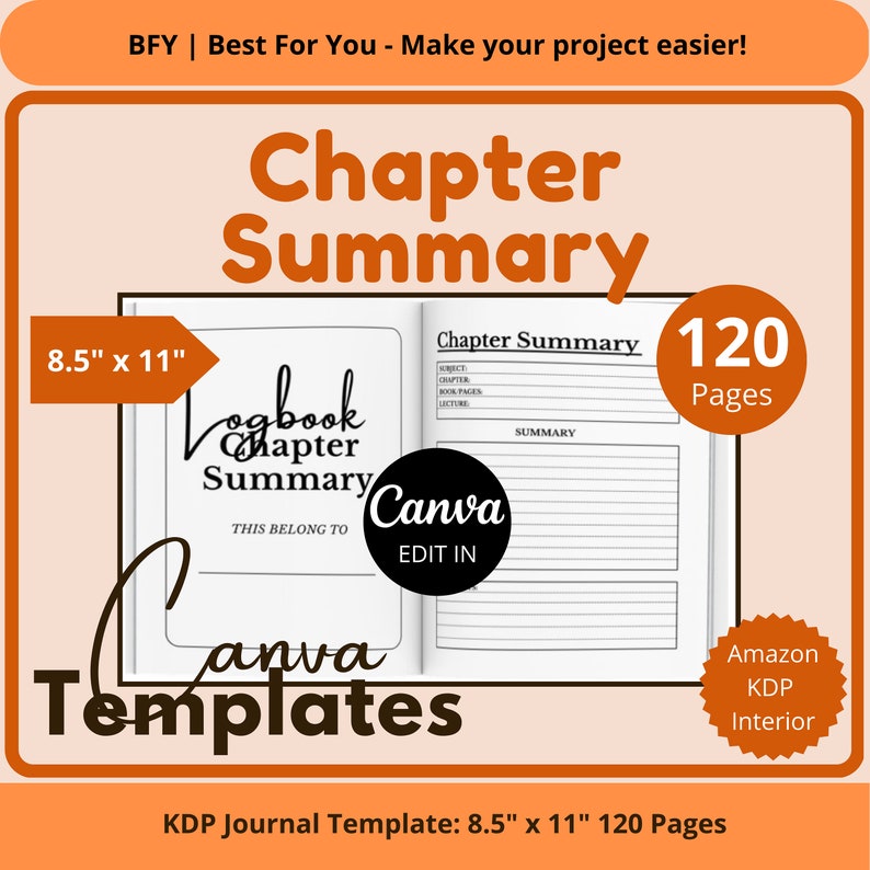 Printable Book Chapter Summary Template Amazon KDP Interiors Bundle 8.5