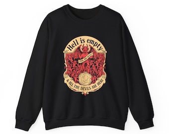 May include: Black sweatshirt with a graphic design. The design features a red devil and other figures, with the text "Hell is empty & all the devils are here". The design is in a vintage style.