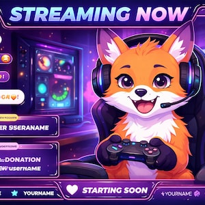 May include: A digital illustration of a streaming overlay featuring an orange fox character wearing headphones and holding a game controller. The overlay includes text elements like "Streaming Now," "Starting Soon," and social media icons, all set against a purple and blue background.