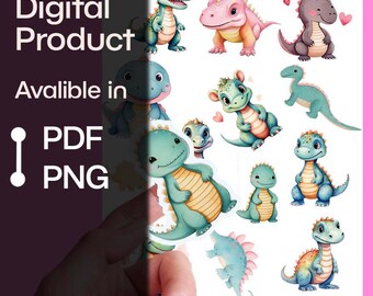 Aquarell Dinosaurier Clipart: Baby Dino PNG Aufkleber (digitaler Download)