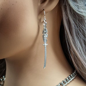 Silver Sephiroth Sword Earring chain link  Feather Final Fantasy Sword Festival Earring Everyday Accessories Gift Idea  Dangle Earring