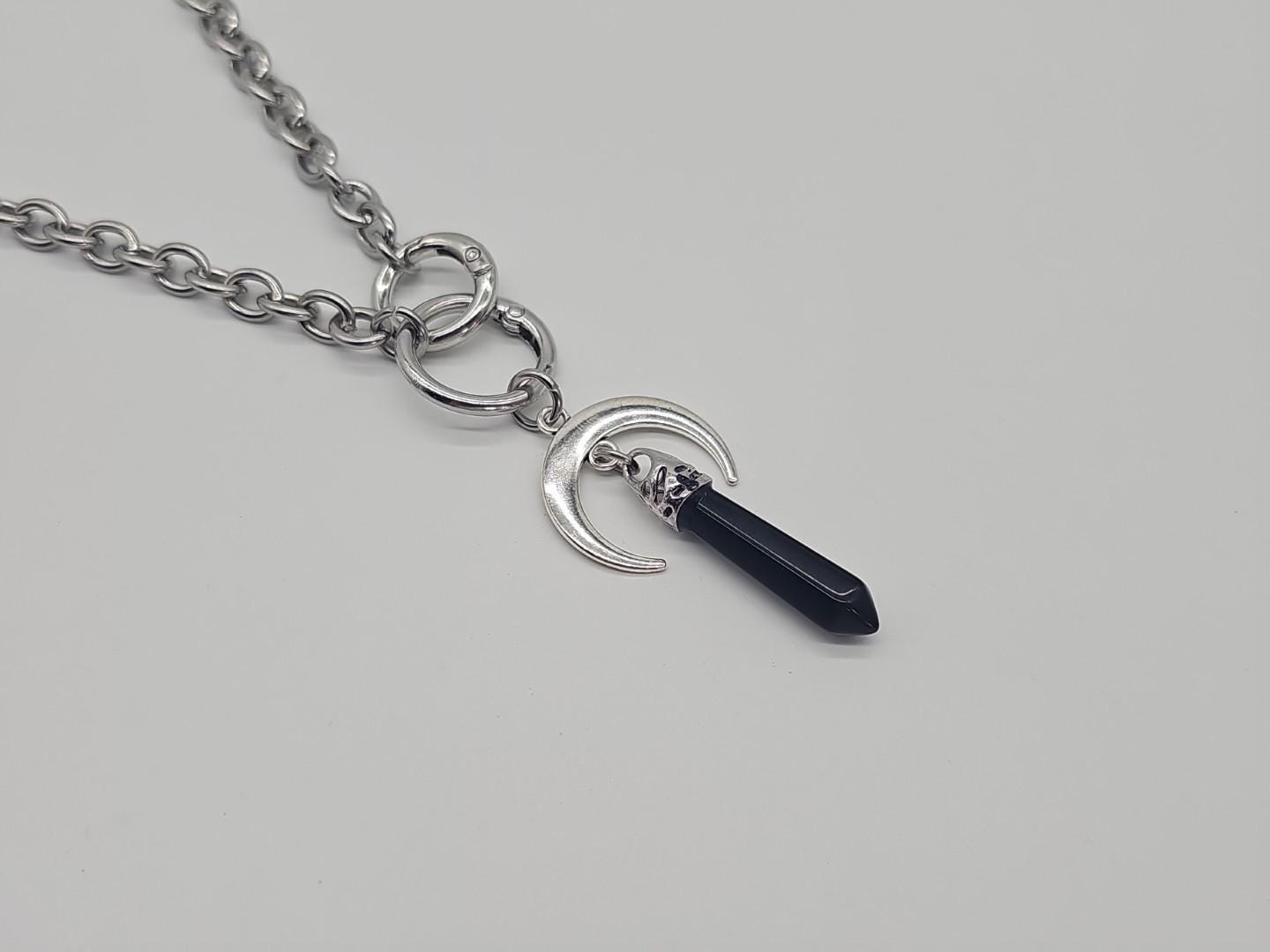 Gothic Moon Choker Necklace Quartz Pendant Chunky Stainless Steel ...