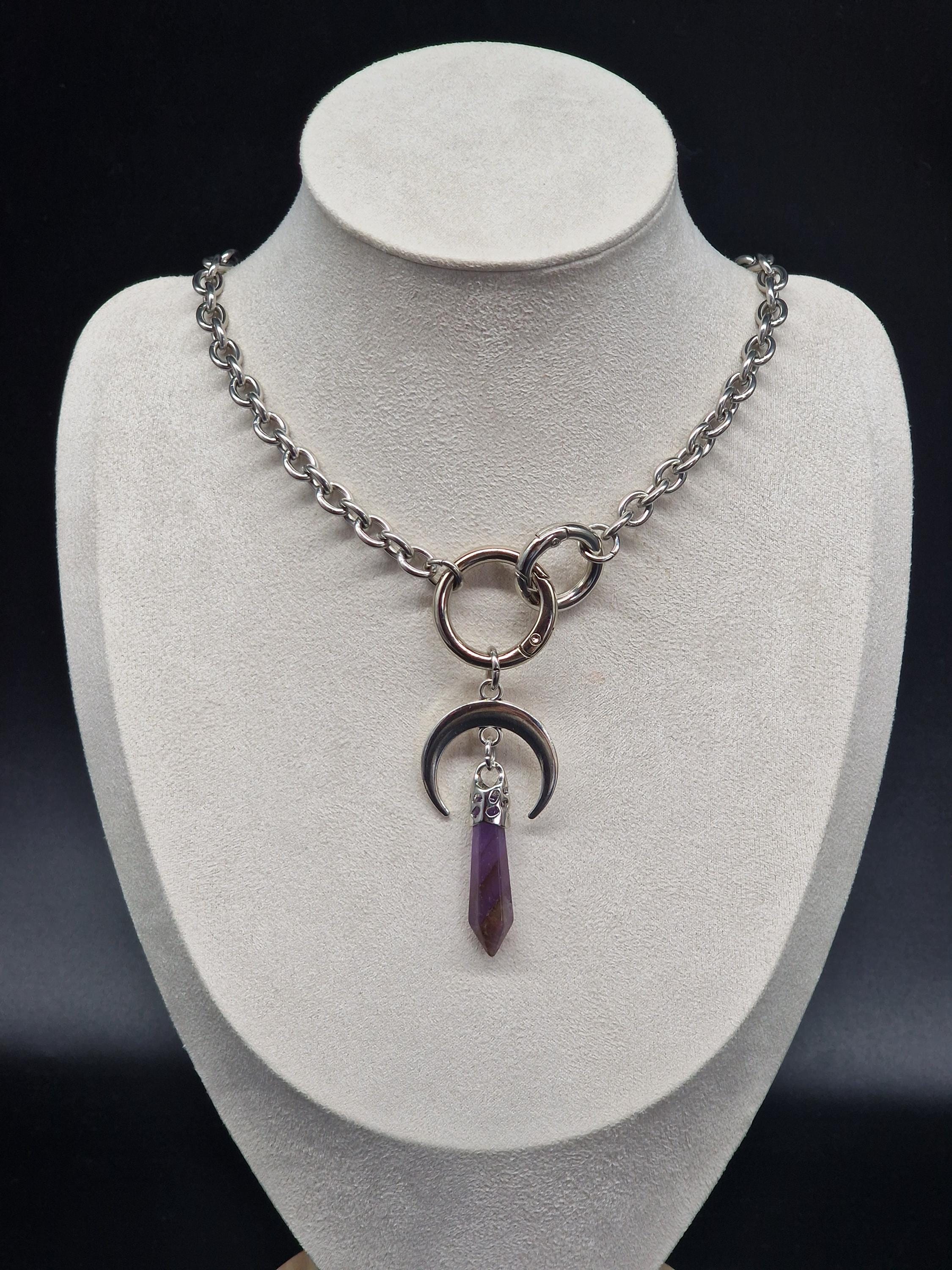 Gothic Moon Choker Necklace Quartz Pendant Chunky Stainless Steel ...