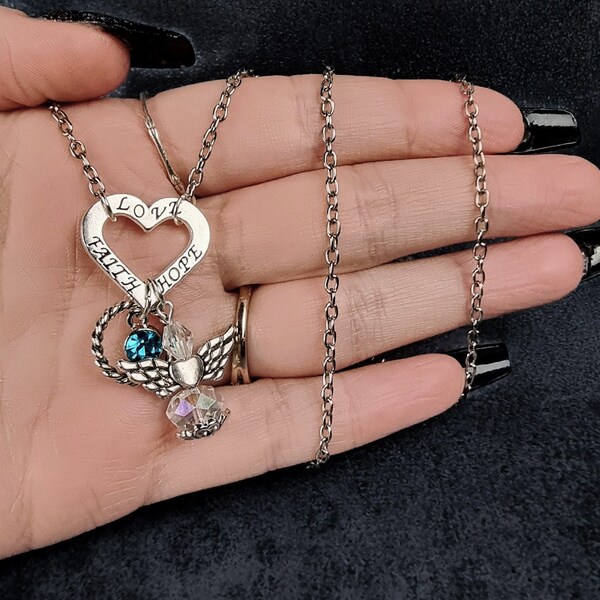 Heart Guardian Angel Birthstone NecklaceGuardian Angel Birthstone Necklace - Heart Charm Pendant