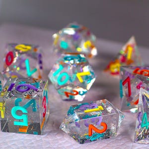 Birthday Cake Holo DND Dice Set, Resin Sharp Edge Dice Set, D&D Dice Set for Dungeons and Dragons, Rainbow Polyhedral Dice Set, D20, D8, D6