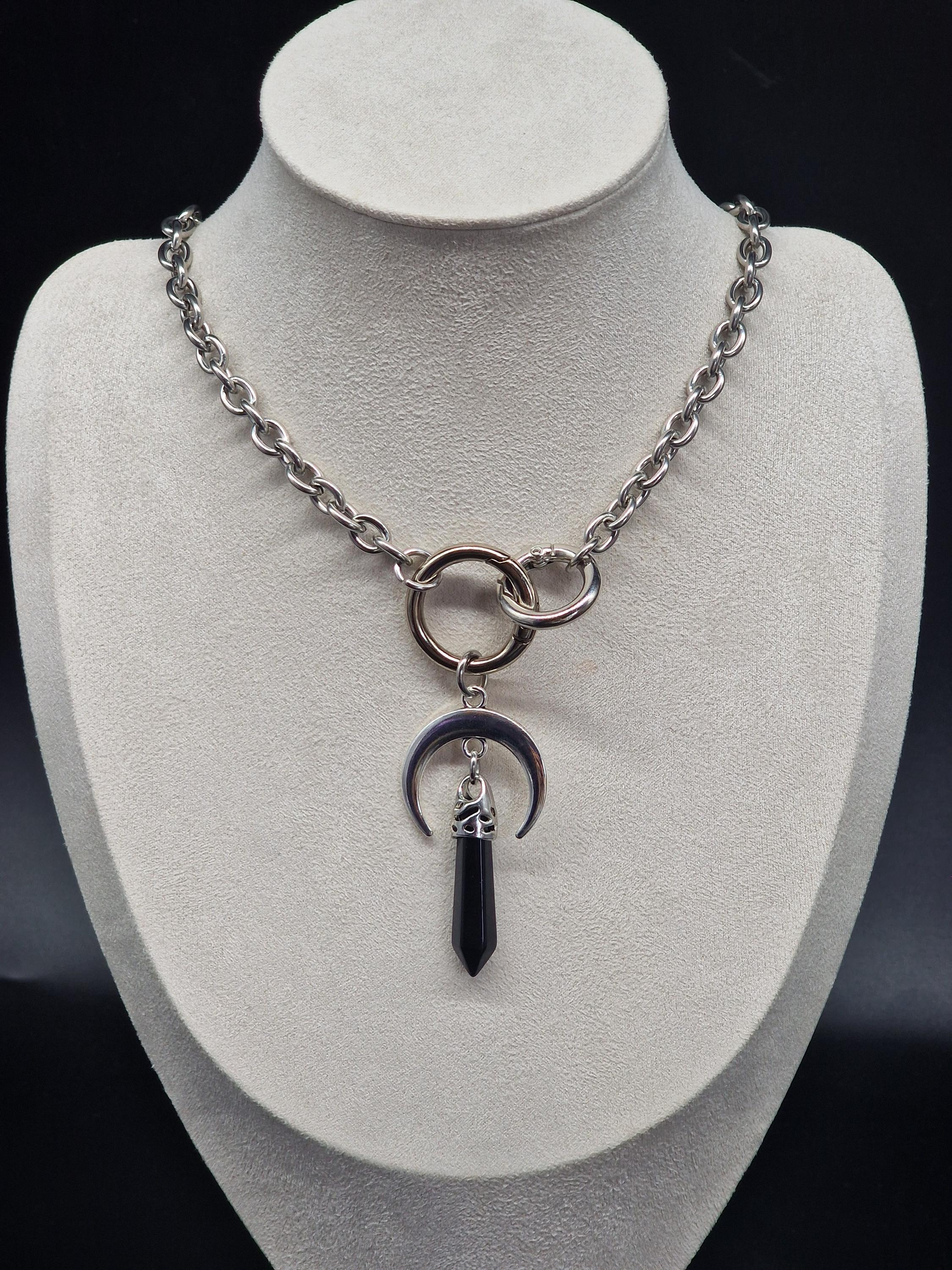 Gothic Moon Choker Necklace Quartz Pendant Chunky Stainless Steel ...