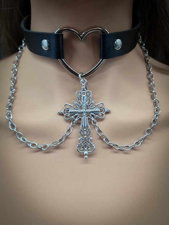 Gothic Vegan Leather Heart Choker, Ornate Cross Necklace - Etsy