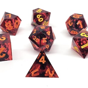 Hades Crimson Fire DND Dice Set | Resin Sharp Edge Polyhedral Dice for Dungeons & Dragons RPG, Red Black Dice Set, D20 D12 D10 D8 D6 D4