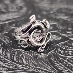 May include: A silver-colored ring with a snake design. The ring features a coiled snake with detailed scales and a textured surface. The snake's head and body are intertwined, creating a unique and eye-catching piece of jewelry.
