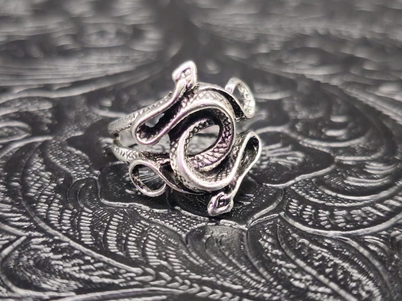 May include: A silver-colored ring with a snake design. The ring features a coiled snake with detailed scales and a textured surface. The snake's head and body are intertwined, creating a unique and eye-catching piece of jewelry.