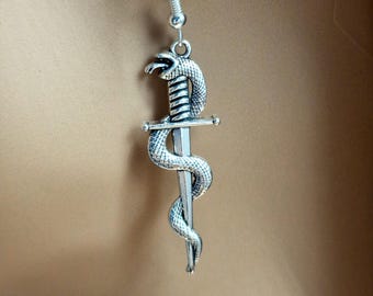 Serpent Sword Earrings, Silver Snake Steampunk Dangle, Gothic Fantasy Jewelry