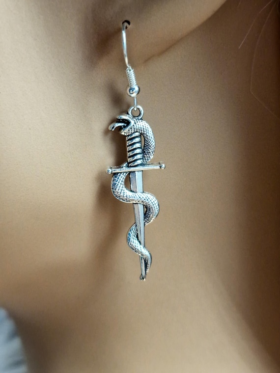 Serpent Sword Earrings, Silver Snake Steampunk Dangle, Gothic Fantasy Jewelry