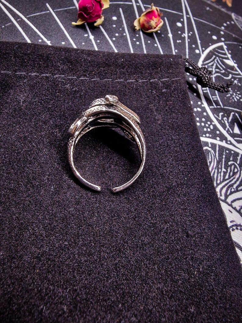 May include: Silver-toned ring with an open design, featuring a snake motif. The ring has intricate detailing and a small, clear stone. The ring is set against a dark, textured background, with dried rose buds and a decorative cloth visible.