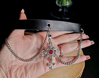 Gothic Cross Vegan Leather chain Choker, Red Gem, Handmade alt choker, witchy jewelery , alt punk , vampire necklace