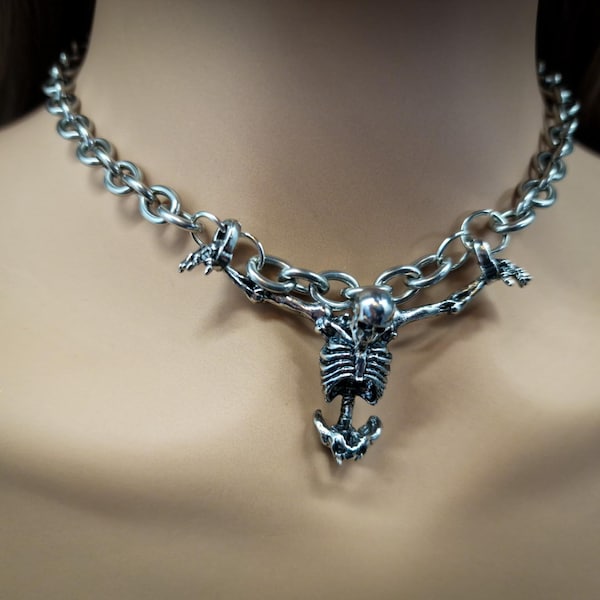 Gothic alchemy forsaken Lost Soul Hanging Skeleton stainless steel choker necklace alternative metal grunge chunky occult Valentine Gift
