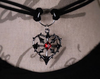 Gothic heart O-ring choker/ necklace, two strand choker, Dark red heart pendant