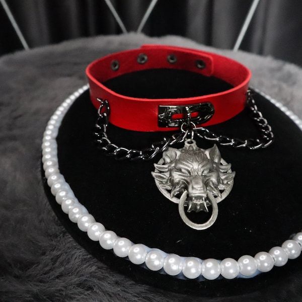 Wolf head slave collar/chain choker - Red Leather