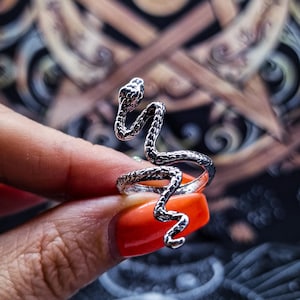 May include: A silver snake ring with a textured finish. The snake is coiled and has a raised head.