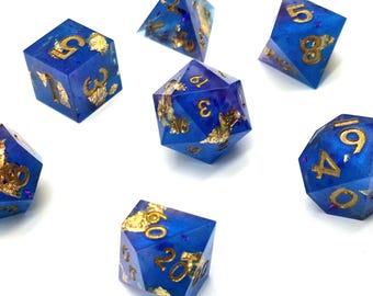Merlin Utopia Bluegold DND Dice Set Resin Sharp Edge Dice Set D&D Dice Set for Dungeons and Dragons Polyhedral Dice Set D20 D6 D12 D8 D10 D4