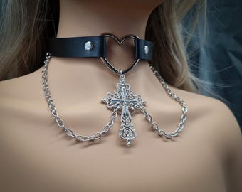 Gothic Vegan Leather Heart Choker, Ornate Cross Necklace