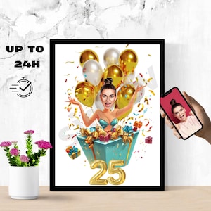 Personalised 25th Cartoon Portrait, Custom Happy Birthday Caricature Drawing, Funny Caricature, Gift for Her, Happy 25th